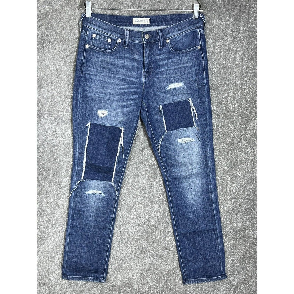 Madewell Slim Boyjean Slim Boy Jeans Womens Size 27 Stretch Patchwork Blue Denim